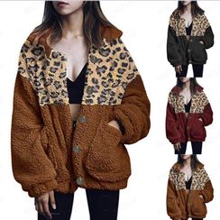 New Kolor - Leopard Print Panel Single Breasted Fleece Jacket