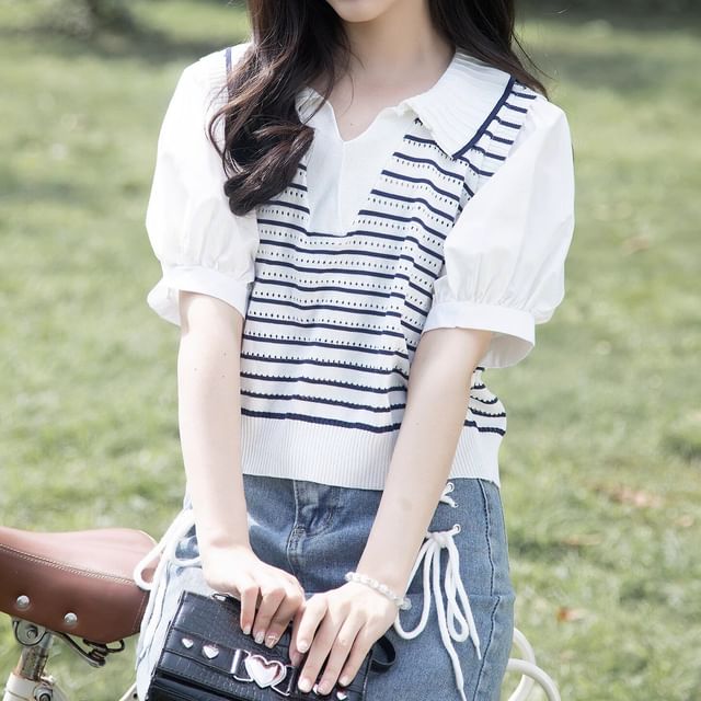 Isaaca-Short-Sleeve Collared V-Neck Striped Mock Two Piece Panel Knit Blouse
