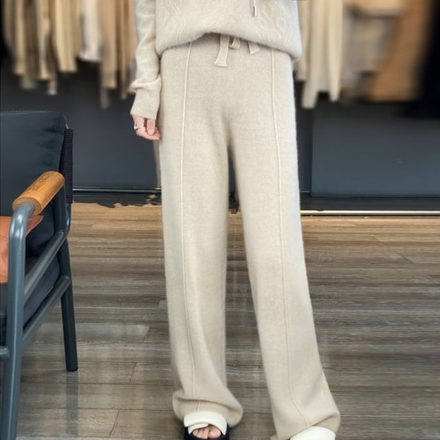 Weelop-High Rise Plain Knit Wide Leg Pants