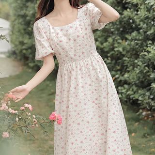 sansweet - Short-Sleeve Square Neck Floral Midi A-Line Dress