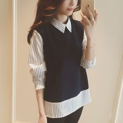 Oaksa - Mock Two-Piece Knit Panel Striped Shirt Oaksa - Mock Two-Piece Knit Panel Striped Shirt