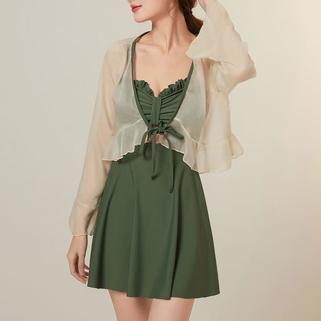 CUCURBIT-Plain Ruffle Trim Swim Dress Cover Up Set