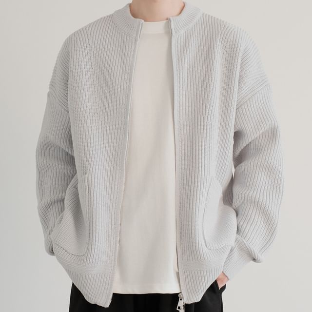 DAZO Studios-Round Collar Plain Ribbed Knit Zip Cardigan