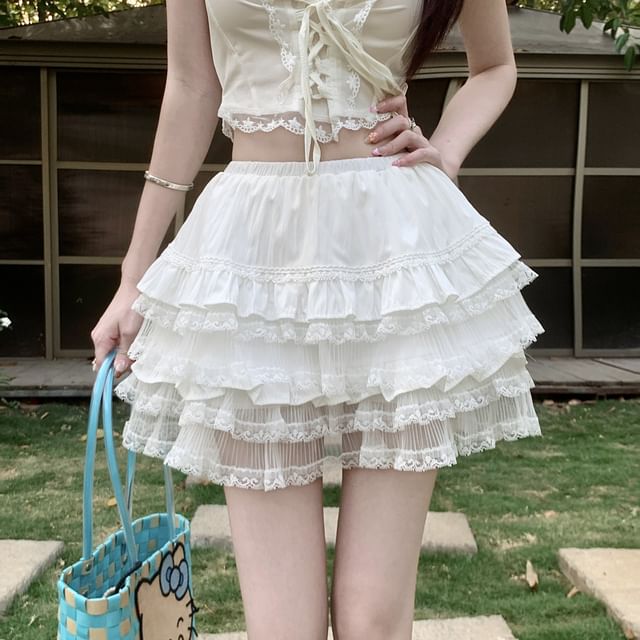 Metonymph - High Waist Plain Tiered Panel Lace Mini A-Line Skirt | YesStyle Metonymph - High Waist Plain Tiered Panel Lace Mini A-Line Skirt | YesStyle
