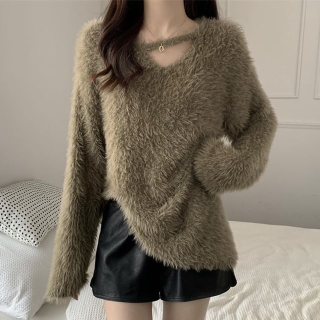 PINPI-Asymmetrical Neck Plain Fluffy Sweater
