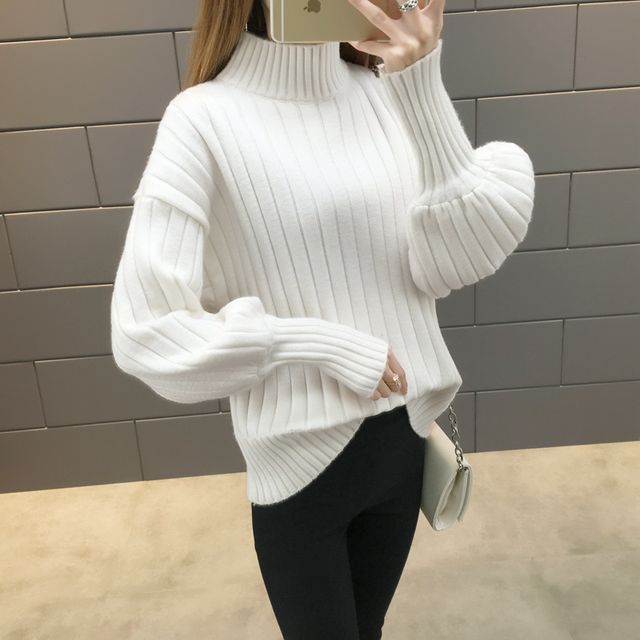 Everose-Puff-Sleeve Ribbed Knit Sweater