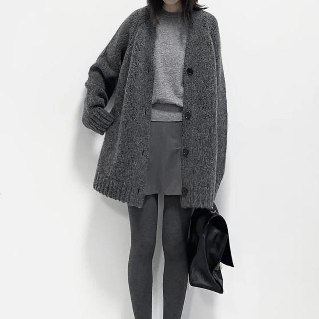 Magimomo-V-Neck Plain Button Oversized Cardigan
