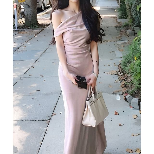 JIYON-Asymmetrical One Shoulder Plain Sheath Maxi Dress