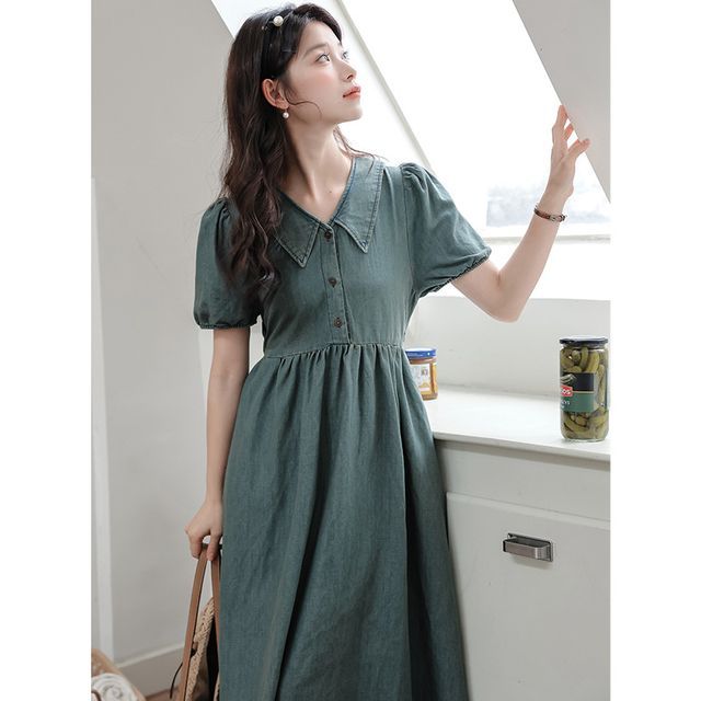 Lady Jean - Short-Sleeve Collared Washed Denim Midi A-Line Dress | YesStyle