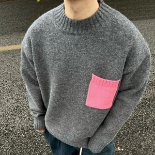 VEAZ-Crew Neck Two Tone Pocket Detail Sweater