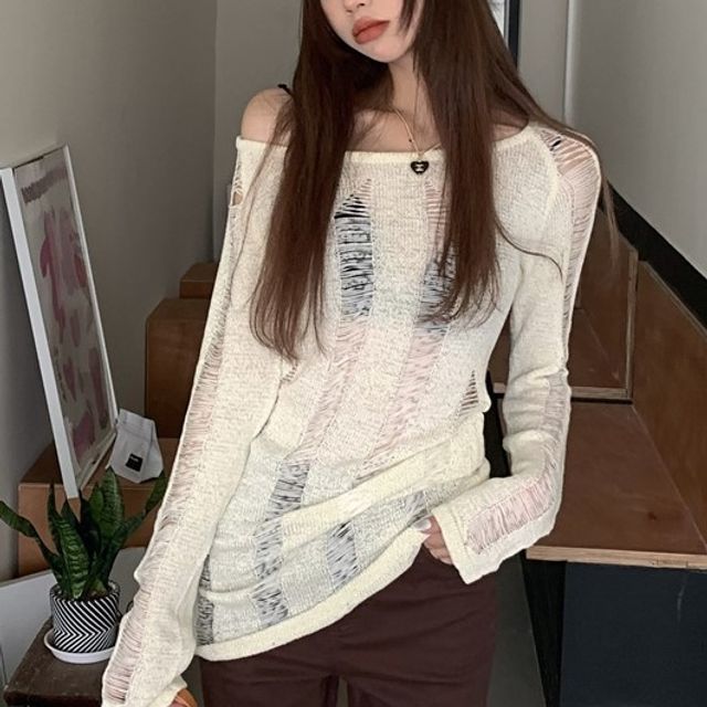 Gilmort-One-Shoulder Plain Distressed Sweater