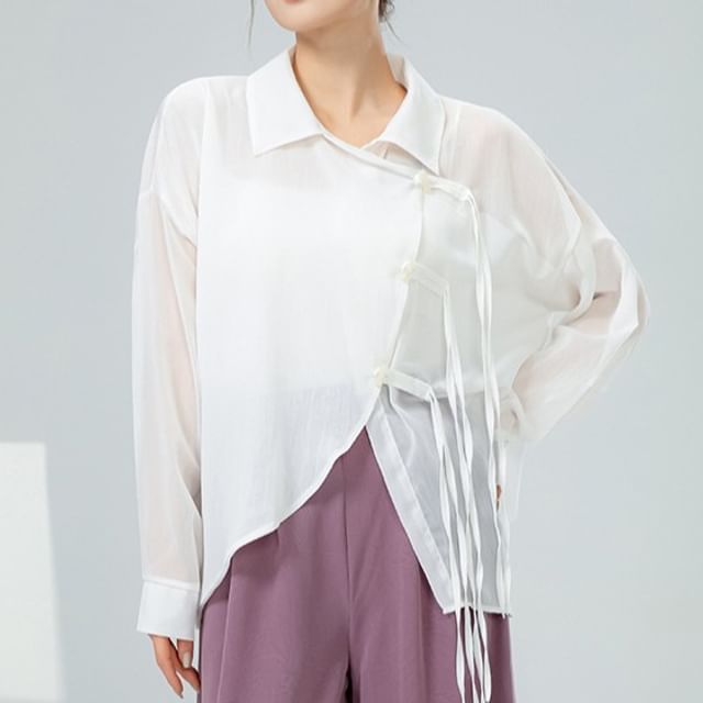 femmal-Long Sleeve Collared Plain Asymmetrical Shirt