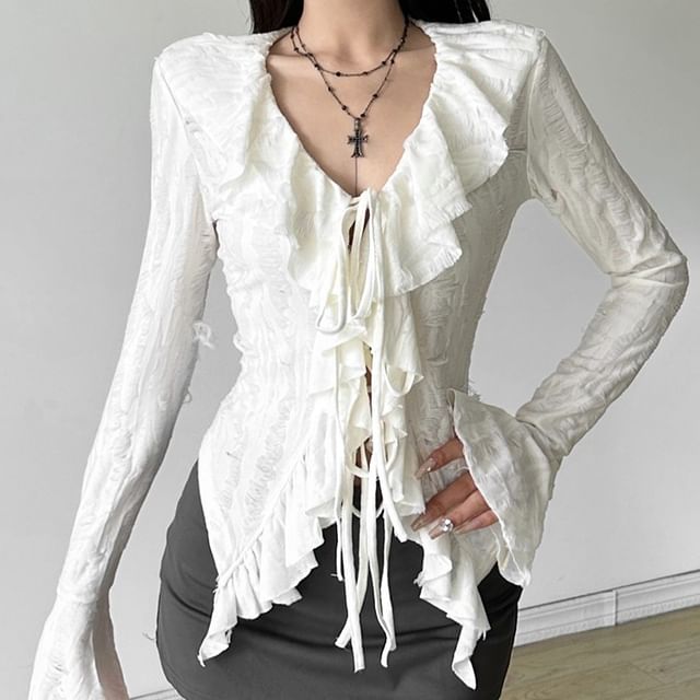 Bababy-Long-Sleeve V-Neck Ruffle Lace-Up Blouse