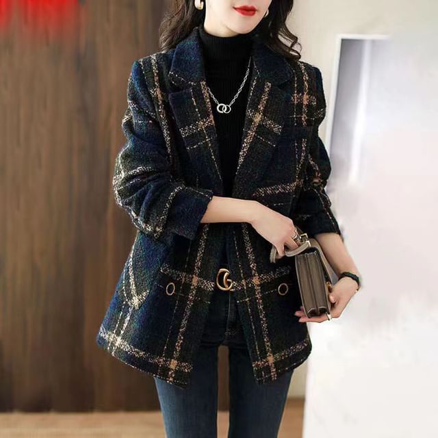 Everose-Notch Lapel Plaid Double-Breasted Coat