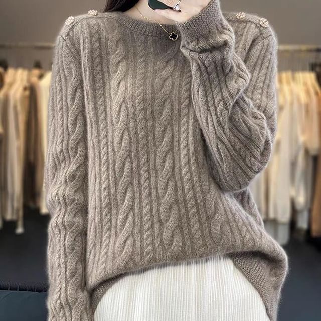 Jeonseon-Crew Neck Plain Cable Knit Sweater
