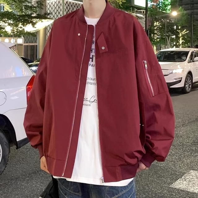 Lingaris-Plain Zip-Up Bomber Jacket