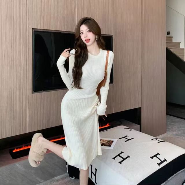 Everose-Long-Sleeve Round Neck Plain Drawstring Ribbed Knit Midi Sheath Dress