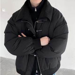 Kimeya-Collared Mock Two-Piece Plain Buckled Zip-Up Puffer Jacket