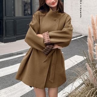 Tzarkozy-Stand Collar Plaid Lining Button Tie Front Coat