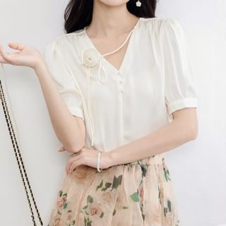Dragan Pulse-Short-Sleeve V-Neck Plain Chiffon Blouse