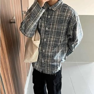 Zentrus-Long Sleeve Collared Plain Button Down Washed Shirt