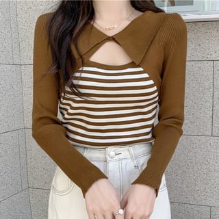 Sisyphi-Long Sleeve Collared Striped Mock Two Piece Crop Knit Top
