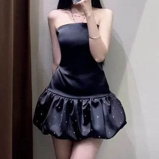 Asiris-Sleeveless Plain Rhinestone Slim-Fit Mini Bubble-Hem Dress