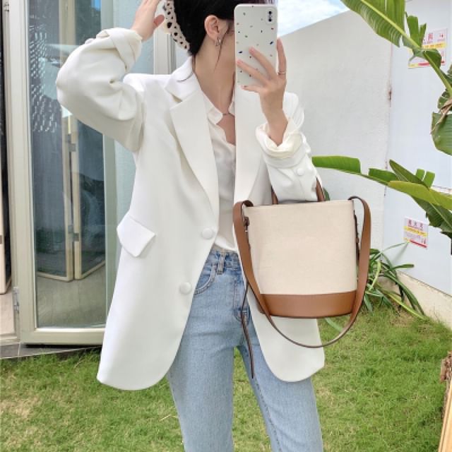 Jesong-Notch Lapel Single-Breasted Plain Blazer