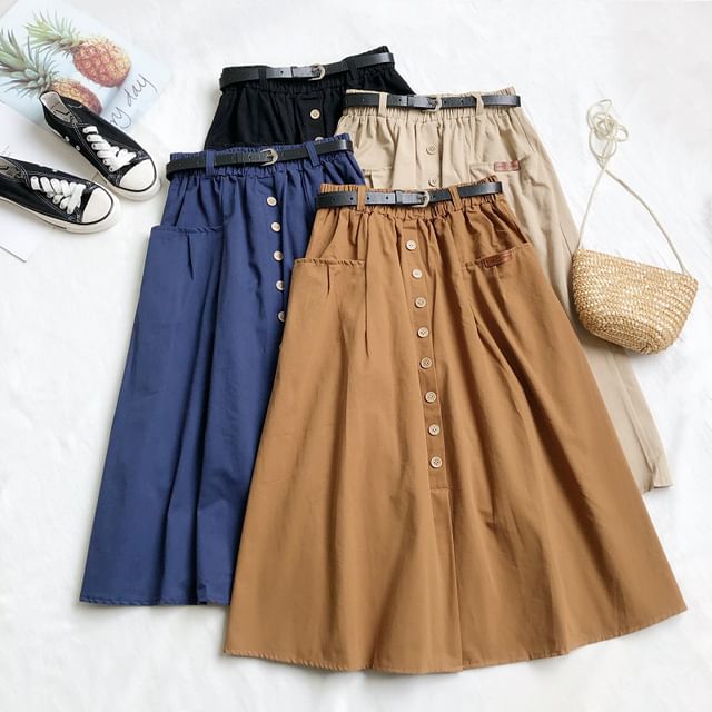 DIYI-High Waist Buttoned Plain Maxi A-Line Skirt