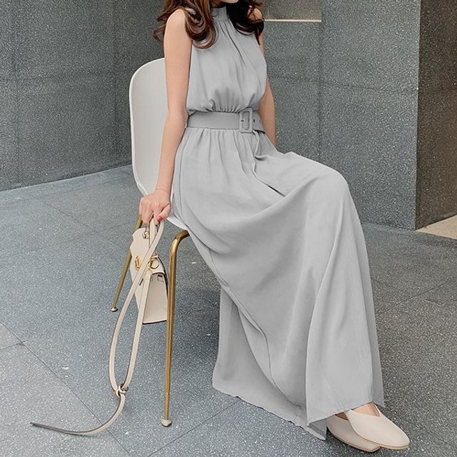 Areumdaun - Sleeveless Belted Maxi A-Line Chiffon Dress