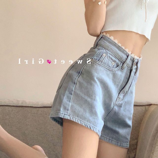 High Waist Lace Trim Wide Leg Denim Shorts Belt Set
