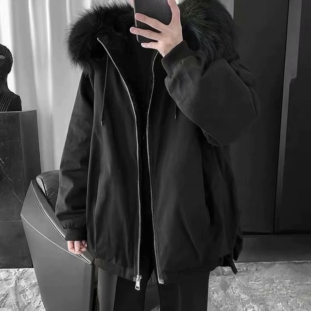 Macho-Plain Fleece-Lined Hooded Zip-Up Slit Jacket