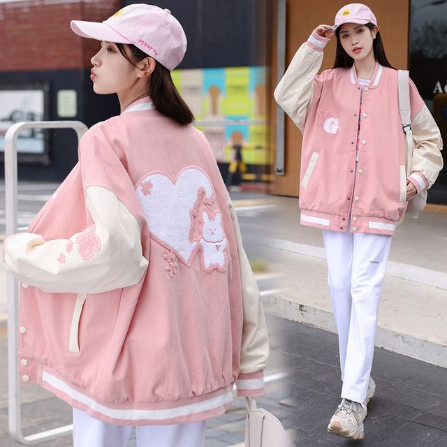 ZENME - Cartoon Lettering Embroidered Baseball Jacket | YesStyle