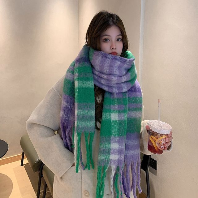 Sparktage-Plaid Fringed Trim Winter Scarf