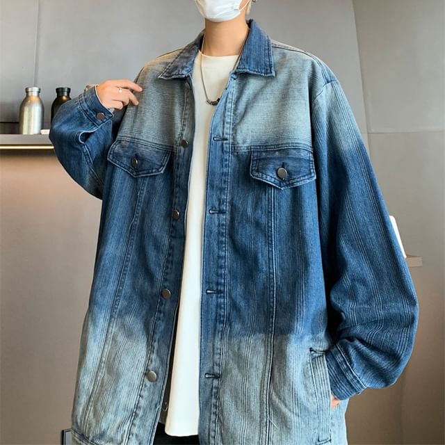 Plummie-Collared Washed Panel Button Denim Jacket
