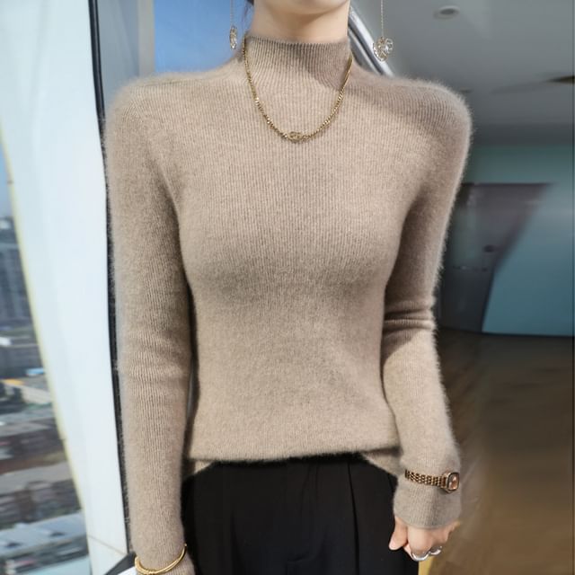 Weelop-Long Sleeve Mock Neck Plain Sweater