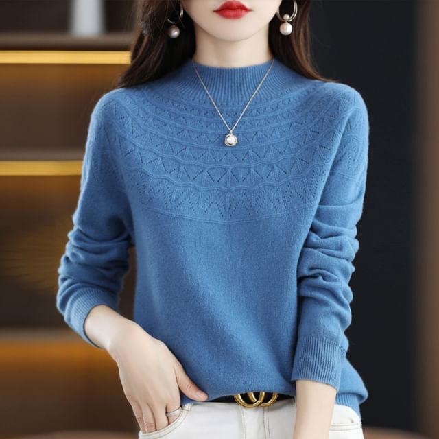 Weelop-Mock Neck Plain Pointelle Sweater