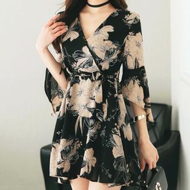 Yilda - 3/4 Sleeve V-Neck Floral Chiffon Wrap Dress | YesStyle
