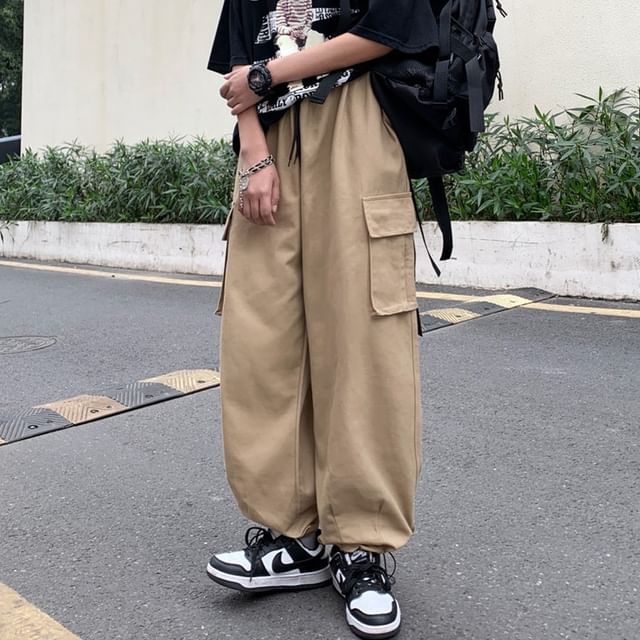 Macho-Drawstring Waist Plain Straight Leg Cargo Pants