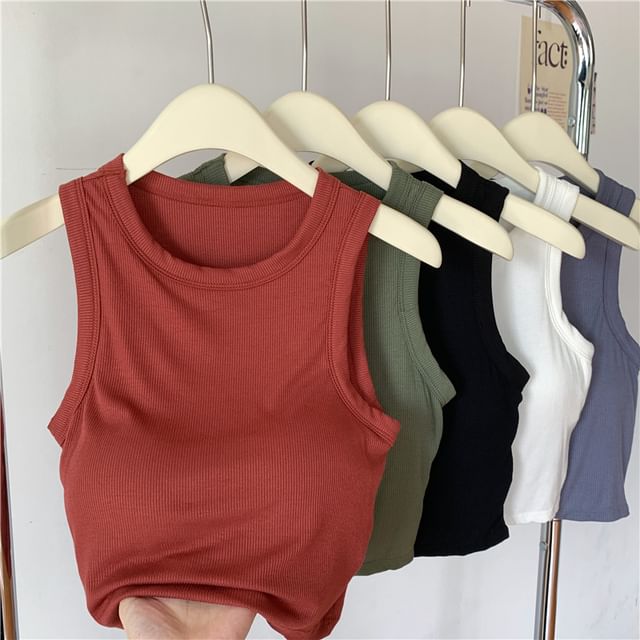 Racoon-Crew Neck Plain Padded Crop Tank Top
