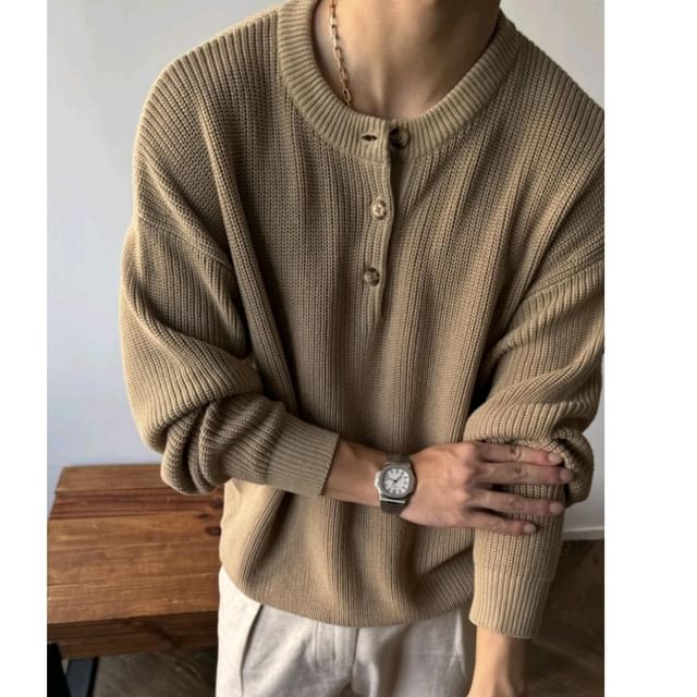 Nightbell-Drop Shoulder Crew Neck Henley Plain Sweater