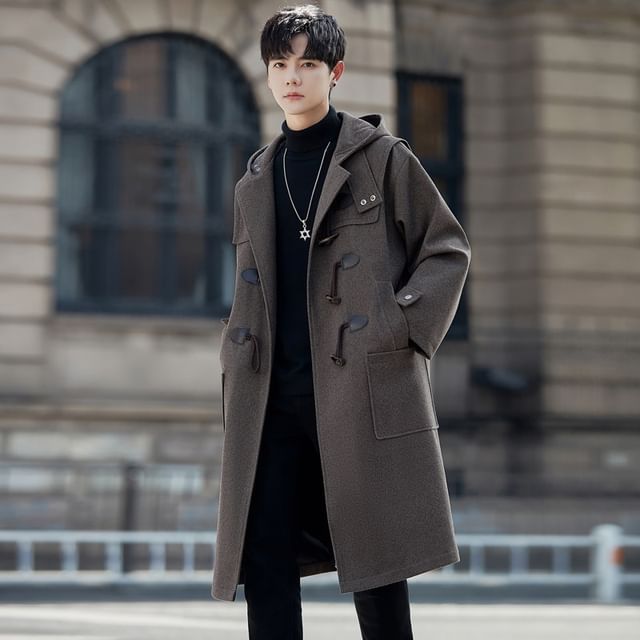 Bay Go Mall-Plain Hooded Toggle Long Coat