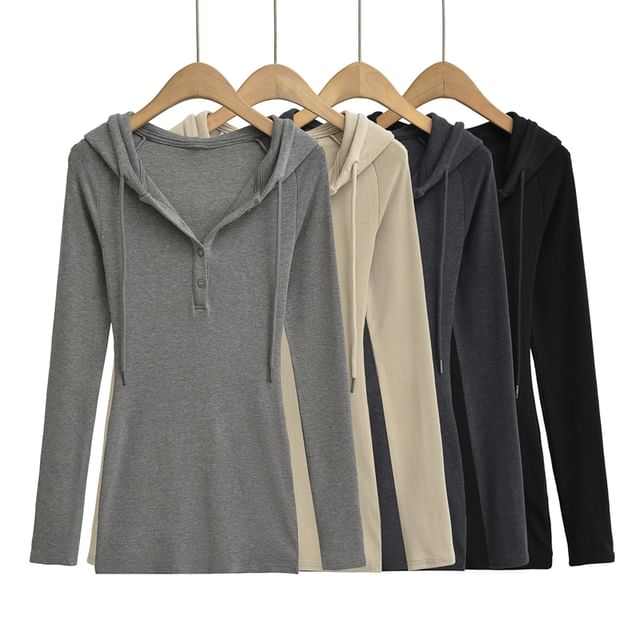 Ulark-Long-Sleeve Henley Plain Hooded Tee