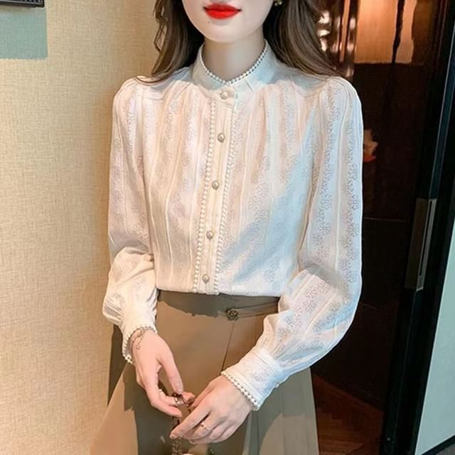 Everose-Long-Sleeve Stand Collar Button-Up Plain Blouse