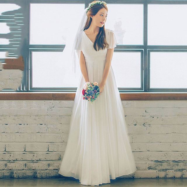 navy blue dress for baby girl Simple A-Line Wedding Dress Chiffon Short Sleeves -Bridelily main image 0