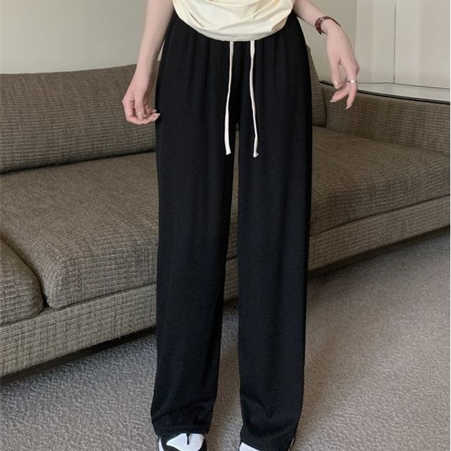 Rred - High Waist Plain Wide Leg Pants