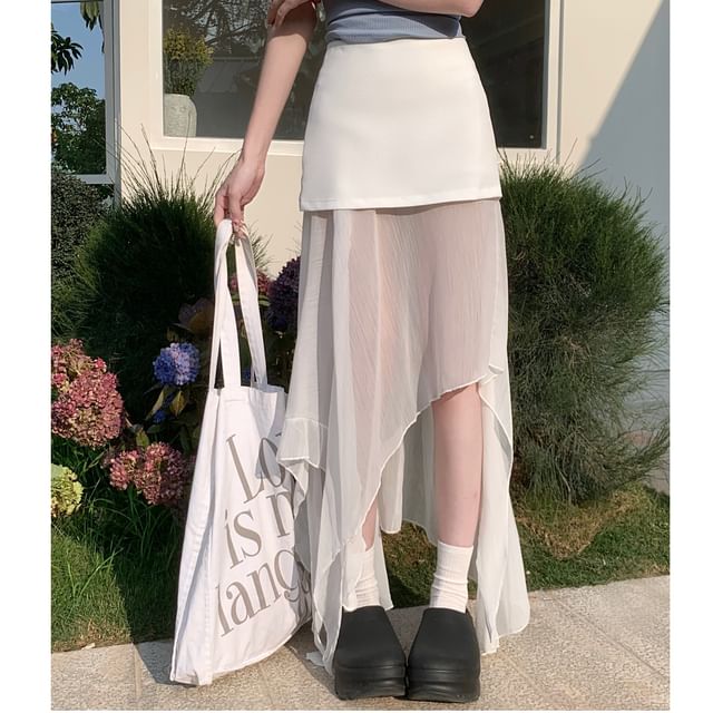 Shopherd-Mock Two-Piece High Rise Mesh Panel Asymmetrical Skirt