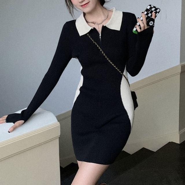 Laeron - Long-Sleeve Collared Two Tone Mini Sweater Dress | YesStyle