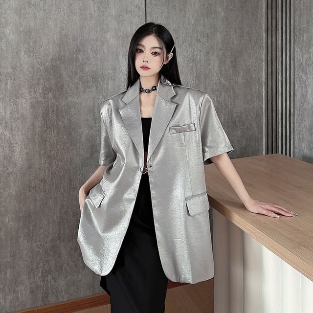 Shineon Studio-Short-Sleeve Satin Plain Blazer