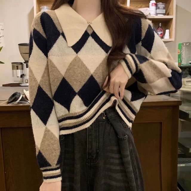 FR-Long-Sleeve Argyle Print Polo-Neck Sweater